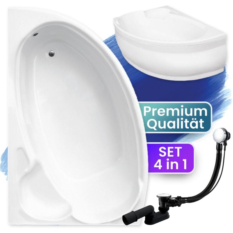 Badland - Badewanne Eckbadewanne 140x95 Links mit AcrylSchürze, Ablaufgarnitur & Füßen gratis - Komplettset 4in1 Original Acryl Wanne Siphon finezja