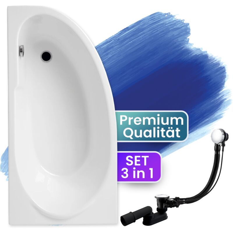 Badewanne Eckbadewanne 145x85 Links, Ablaufgarnitur & Füßen GRATIS - Komplettset 3in1 Original Acryl Wanne Premium Siphon - Made in EU - BADLAND MIKI