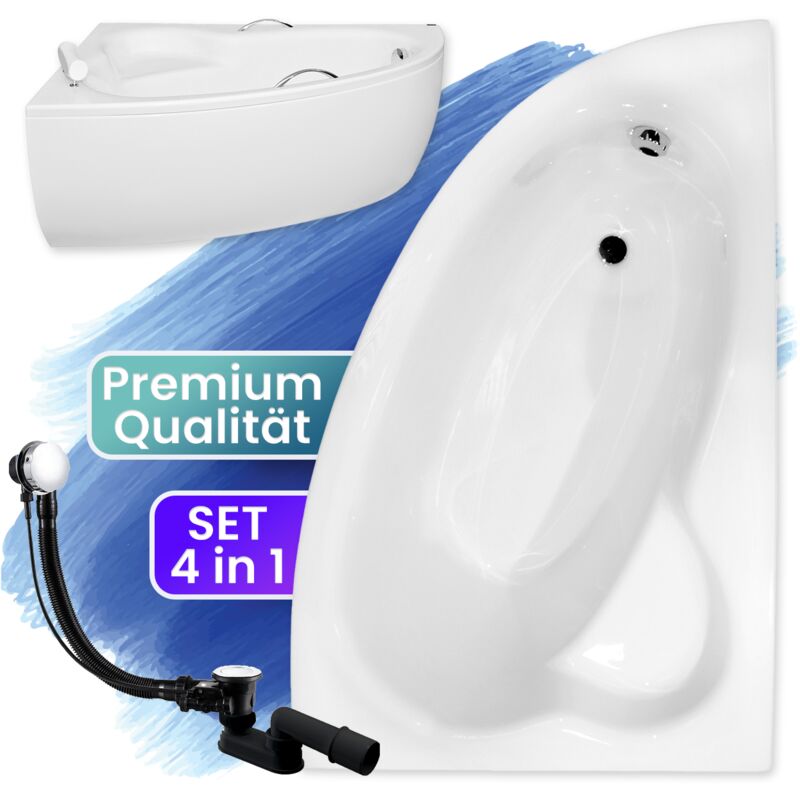 Badland - Badewanne Eckbadewanne 150x100 Rechts mit AcrylSchürze, Ablaufgarnitur & Füßen gratis - Komplettset 4in1 Original Acryl Wanne Siphon natalia