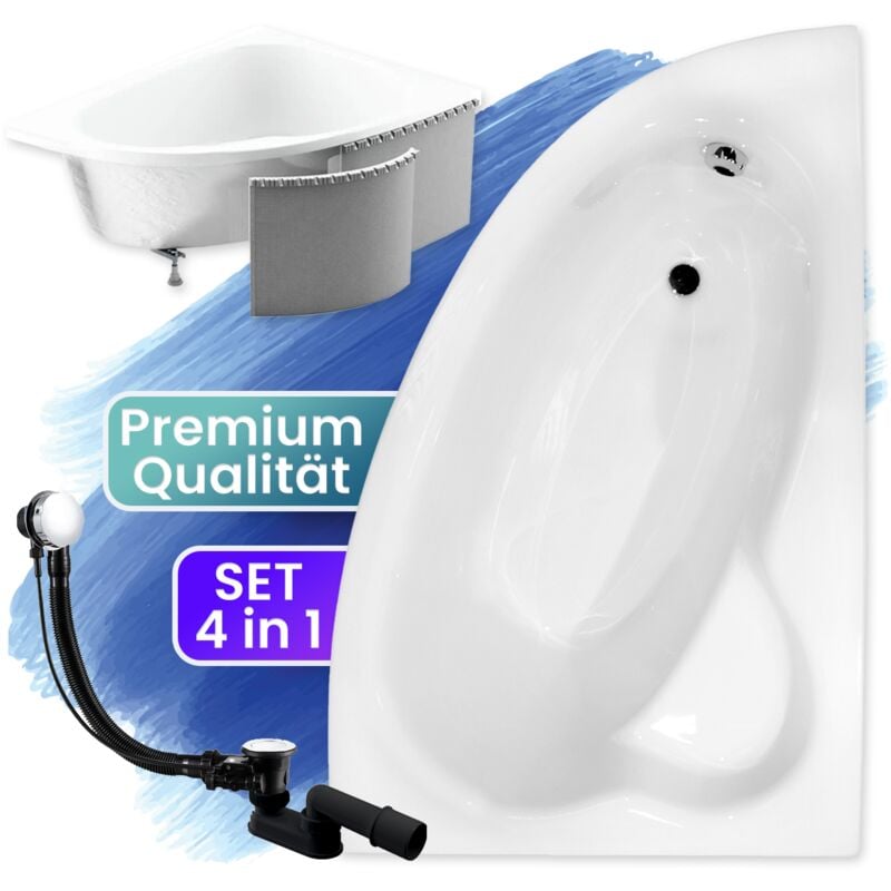Badland - Badewanne Eckbadewanne 150x100 Rechts mit Styroporverkleidung, Ablauf & Füße gratis - Komplettset 4in1 Original Acryl Wanne Siphon natalia