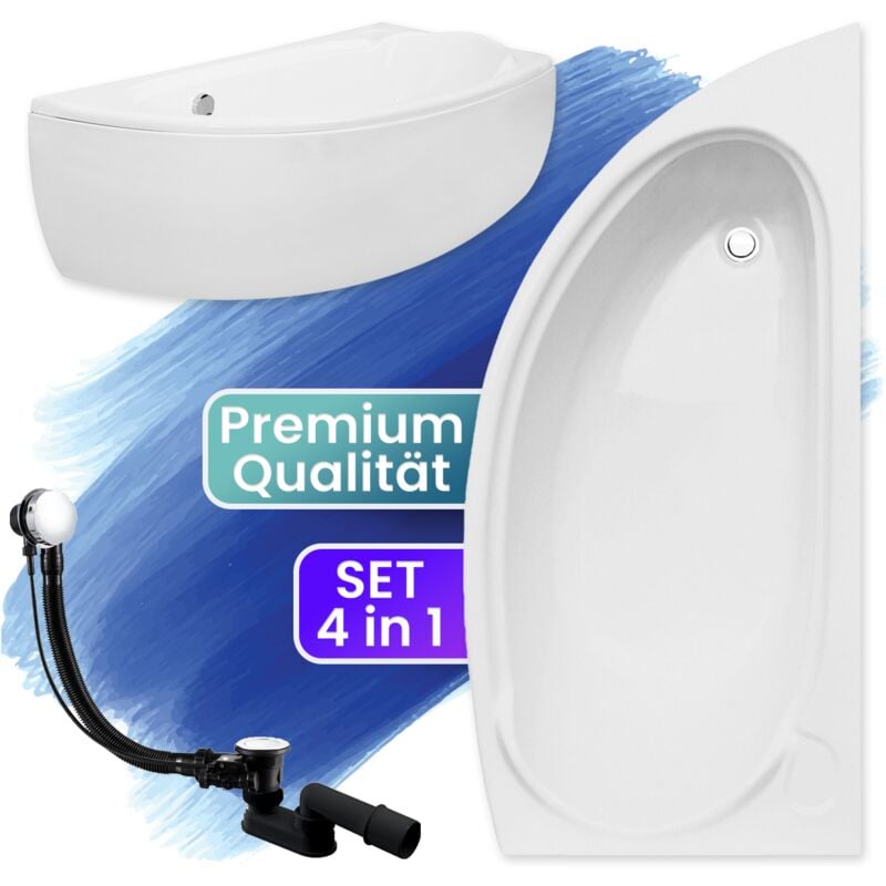 Badewanne Eckbadewanne 150x70 Rechts mit AcrylSchürze, Ablaufgarnitur & Füßen GRATIS - Komplettset 4in1 Original Acryl Wanne Siphon - BADLAND MINI
