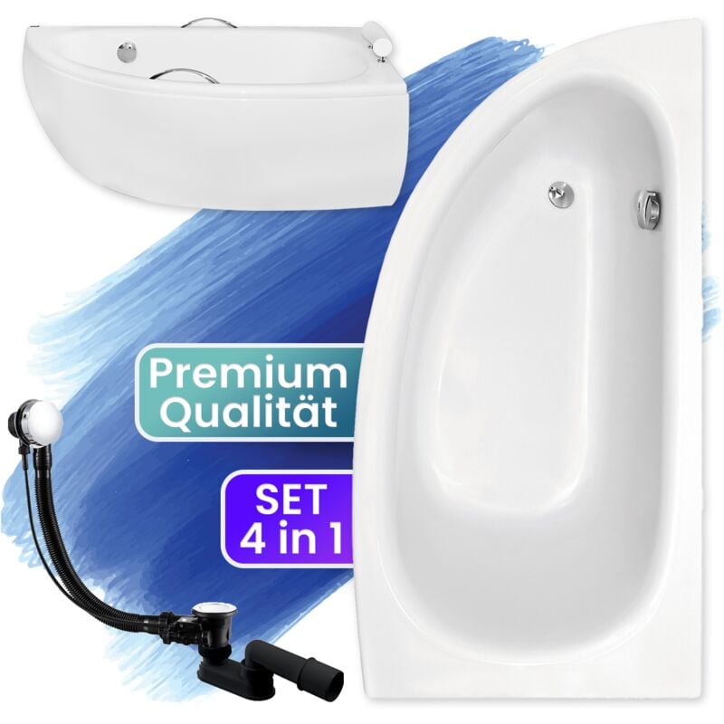 Badland - Badewanne Eckbadewanne 150x70 Rechts mit AcrylSchürze, Ablaufgarnitur & Füßen gratis - Komplettset 4in1 Original Acryl Wanne Siphon milena