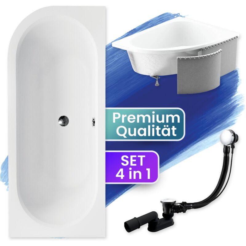 Badland - Badewanne Eckbadewanne 150x75 Rechts mit Styroporverkleidung, Ablauf & Füße gratis - Komplettset 4in1 Original Acryl Wanne Siphon avita