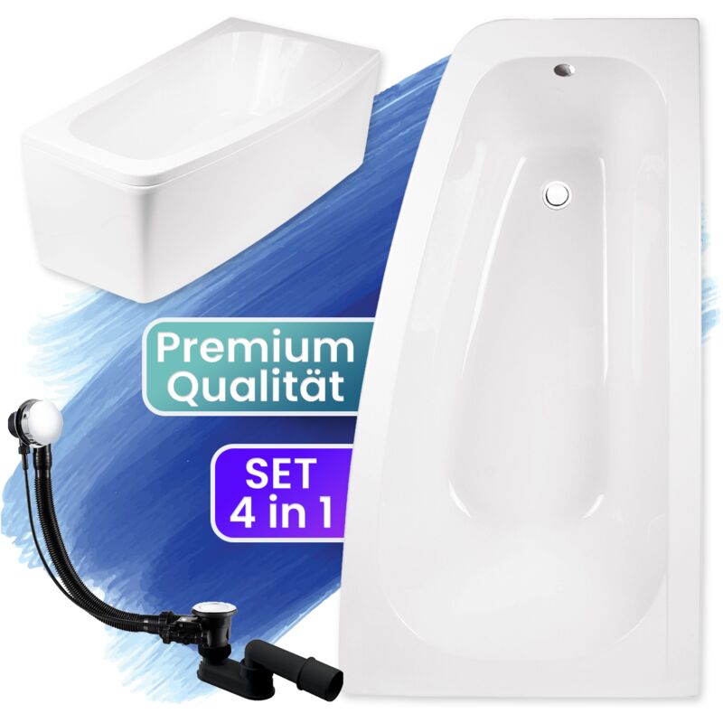 Badland - Badewanne Eckbadewanne 150x80 Rechts mit AcrylSchürze, Ablaufgarnitur & Füßen gratis - Komplettset 4in1 Original Acryl Wanne Siphon luna
