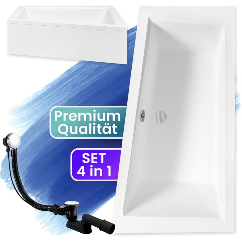 Badland - Badewanne Eckbadewanne 150x85 Rechts mit AcrylSchürze, Ablaufgarnitur & Füßen gratis - Komplettset 4in1 Original Acryl Wanne Siphon intima