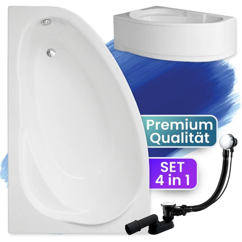 Badland - Badewanne Eckbadewanne 160x100 Links mit AcrylSchürze, Ablaufgarnitur & Füßen gratis - Komplettset 4in1 Original Acryl Wanne Siphon marea