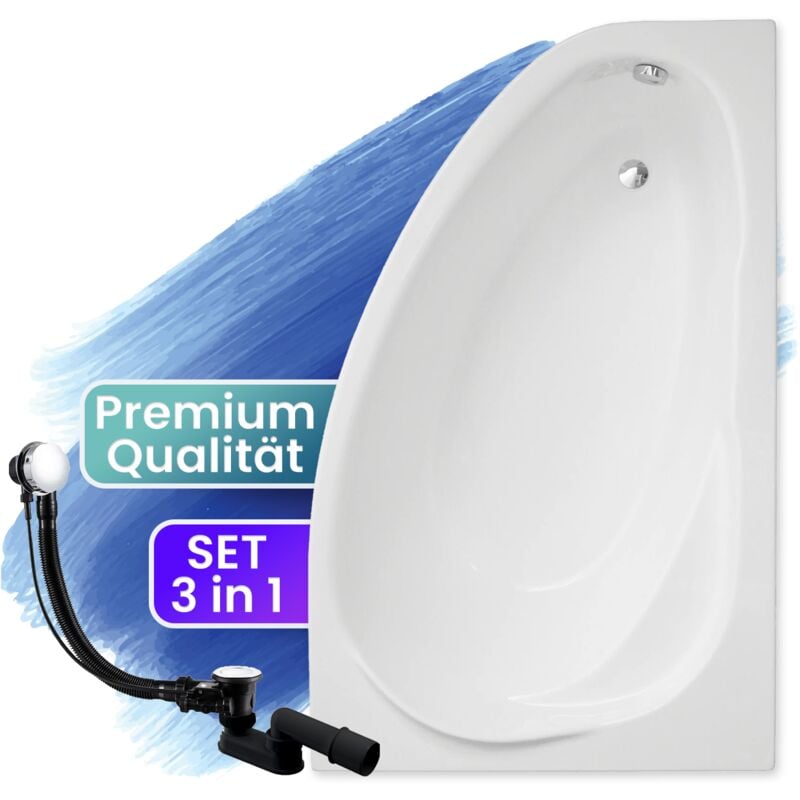 Badland - Badewanne Eckbadewanne 160x100 Rechts, Ablaufgarnitur & Füßen gratis - Komplettset 3in1 Original Acryl Wanne Premium Siphon marea