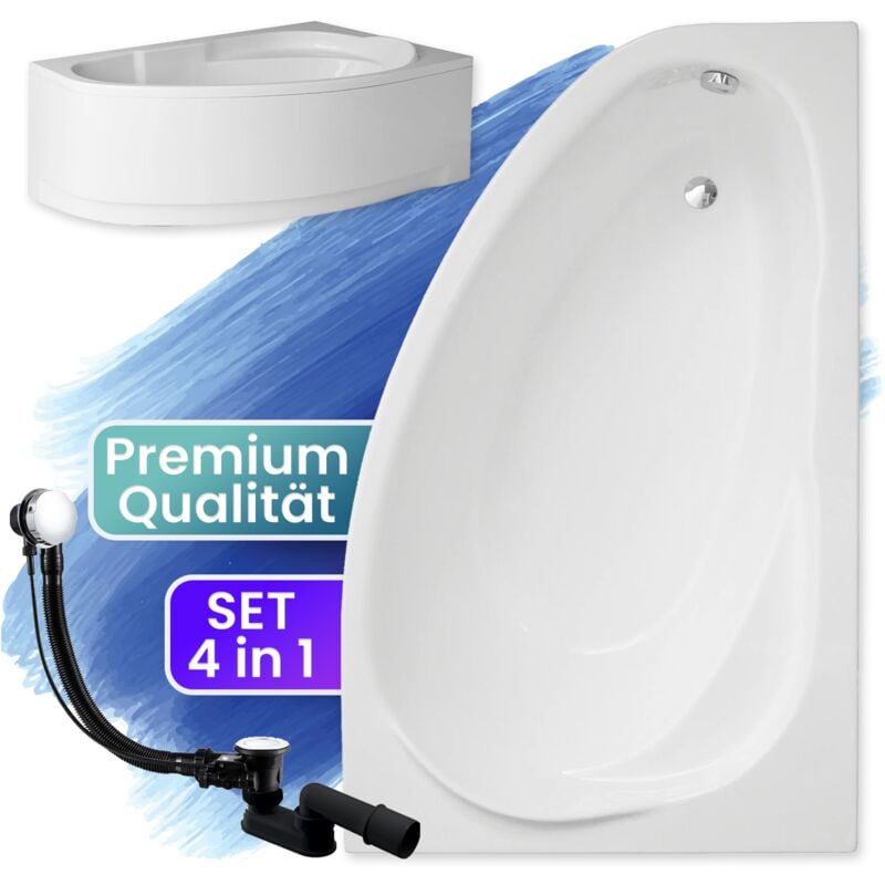 Badland - Badewanne Eckbadewanne 160x100 Rechts mit AcrylSchürze, Ablaufgarnitur & Füßen gratis - Komplettset 4in1 Original Acryl Wanne Siphon marea