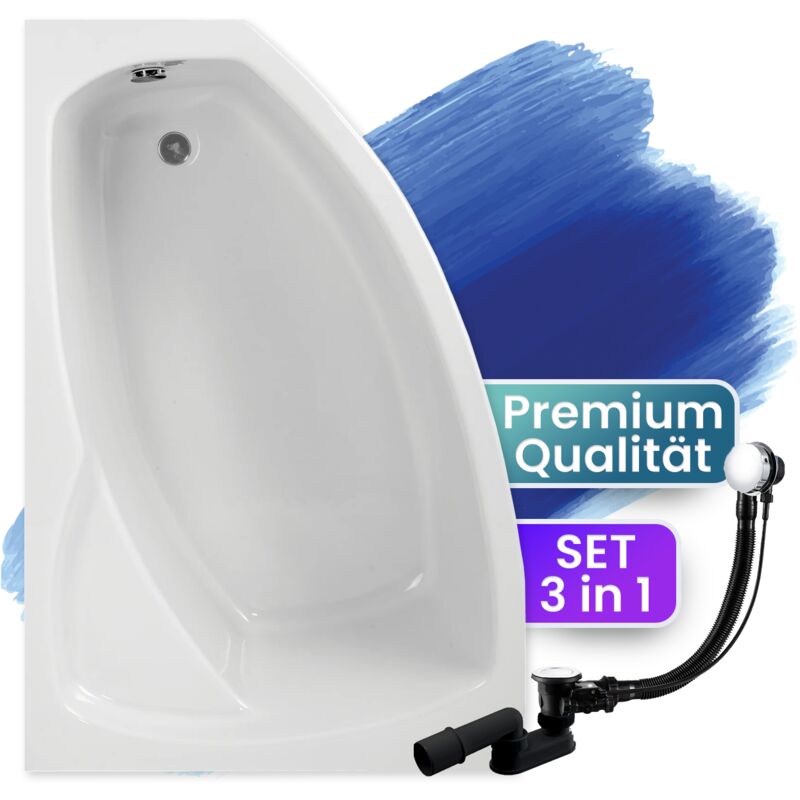 Badewanne Eckbadewanne 160x105 Links, Ablaufgarnitur & Füßen GRATIS - Komplettset 3in1 Original Acryl Wanne Premium Siphon - BADLAND FRIDA