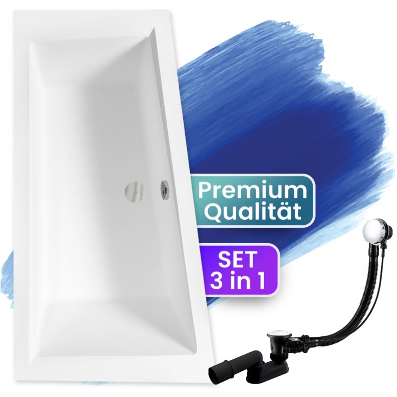 Badland - Badewanne Eckbadewanne 160x90 Links + Kopfstütze, Ablaufgarnitur & Füßen gratis - Komplettset 4in1 Original Acryl Wanne Siphon intima