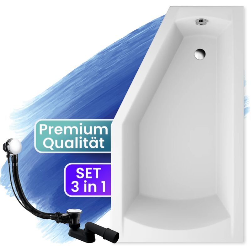 Badland - Badewanne Eckbadewanne 160x90 Rechts, Ablaufgarnitur & Füßen gratis - Komplettset 3in1 Original Acryl Wanne Premium Siphon selena