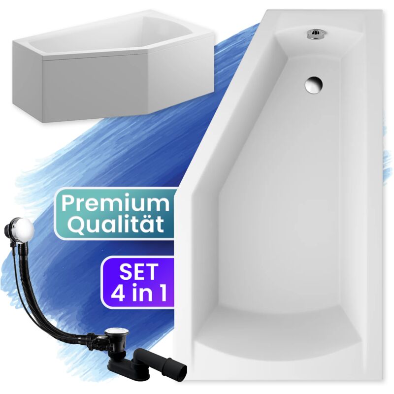 Badland - Badewanne Eckbadewanne 160x90 Rechts mit AcrylSchürze, Ablaufgarnitur & Füßen gratis - Komplettset 4in1 Original Acryl Wanne Siphon selena