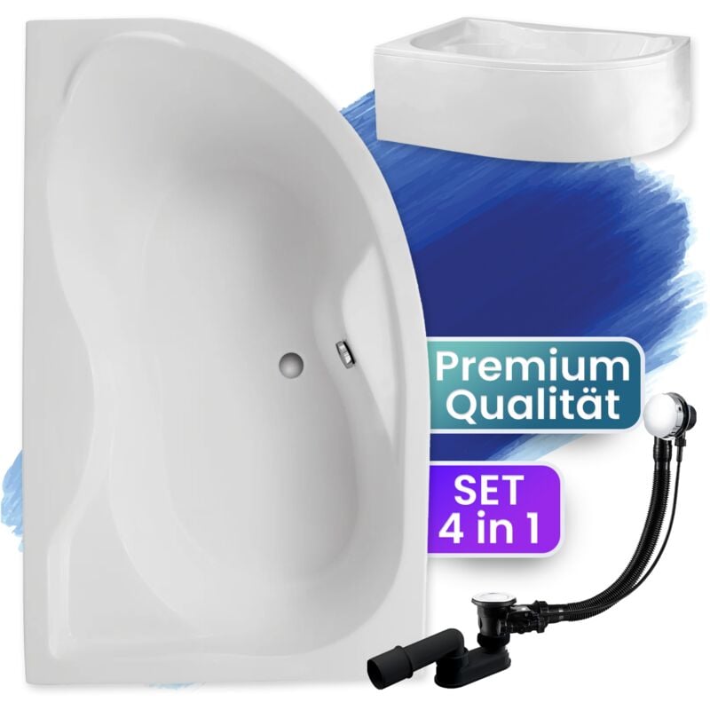 Badland - Badewanne Eckbadewanne 170x110 Links mit AcrylSchürze, Ablaufgarnitur & Füßen gratis - Komplettset 4in1 Original Acryl Wanne Siphon dora