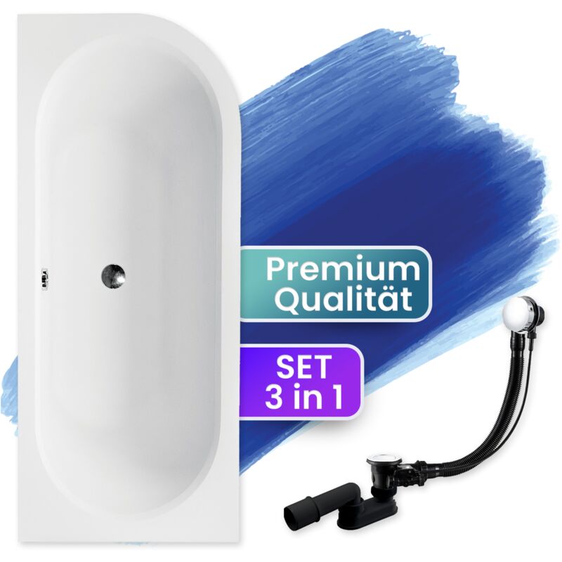 Badland - Badewanne Eckbadewanne 170x75 Links + Bambus Ablage, Ablaufgarnitur & Füßen gratis - Komplettset 4in1 Original Acryl Wanne Siphon avita