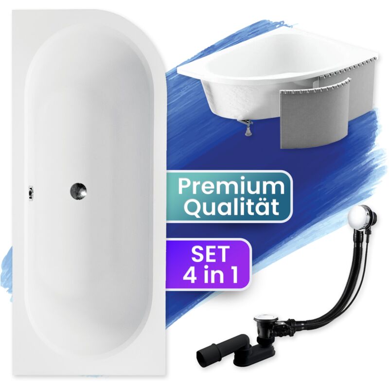 Badland - Badewanne Eckbadewanne 170x75 Links mit Styroporverkleidung, Ablauf & Füße gratis - Komplettset 4in1 Original Acryl Wanne Siphon avita