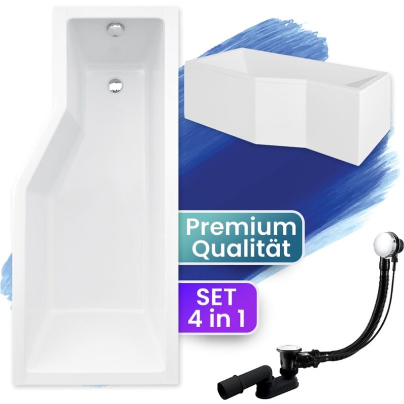 Badewanne Eckbadewanne 170x75 Rechts mit AcrylSchürze, Ablaufgarnitur & Füßen GRATIS - Komplettset 4in1 Original Acryl Wanne Siphon - BADLAND INTEGRA