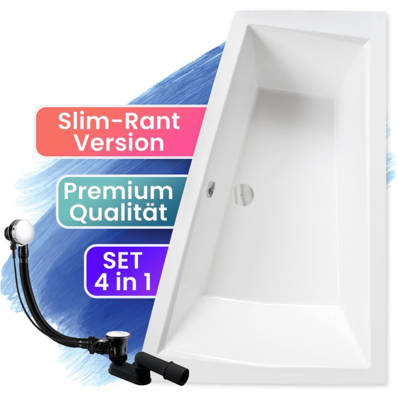 Badland - Badewanne Eckbadewanne 180x125 Rechts, Ablaufgarnitur & Füßen gratis - Komplettset 3in1 Original Acryl Wanne Siphon intima slim