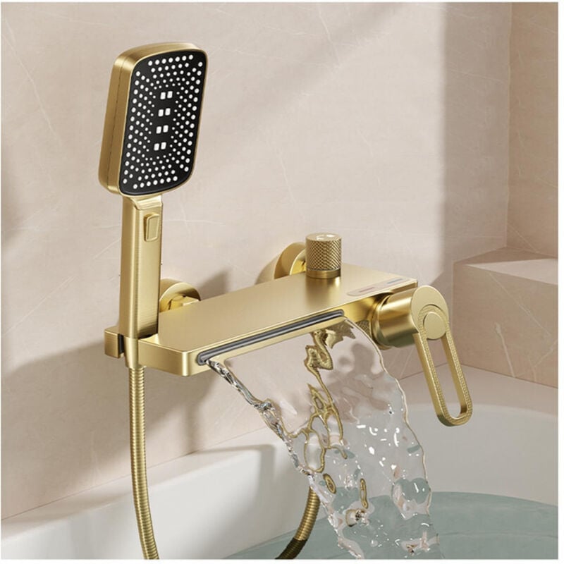 Badewannenarmatur Gold mit Handbrause, Mischbatterie Badewanne Wasserfall Armatur Wasserhahn Badewanne Heiß oder Kalt Duschamaturenset Messing