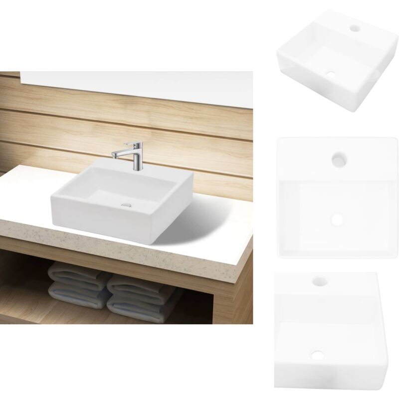 Keramik Waschbecken mit Hahnloch Weiß Quadratisch - Keramik Waschbecken - Weißes Waschbecken - Quadratisches Waschbecken - Aufsetzwaschbecken