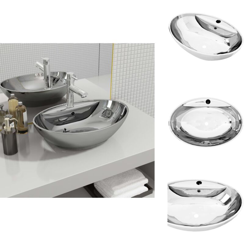 Waschbecken mit Überlauf 58,5 x 39 x 21 cm Keramik Silbern - Ovales Waschbecken - Keramik Waschbecken - Silberner Waschbecken - Einbauwaschbecken