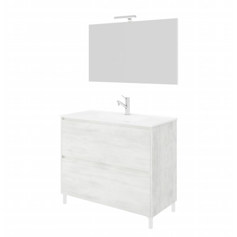 Bodenstehender Badezimmerschrank 80 cm aus weißem Eichenholz mit Waschbecken und Spiegel – Francia - mit spiegel und LED Lampe