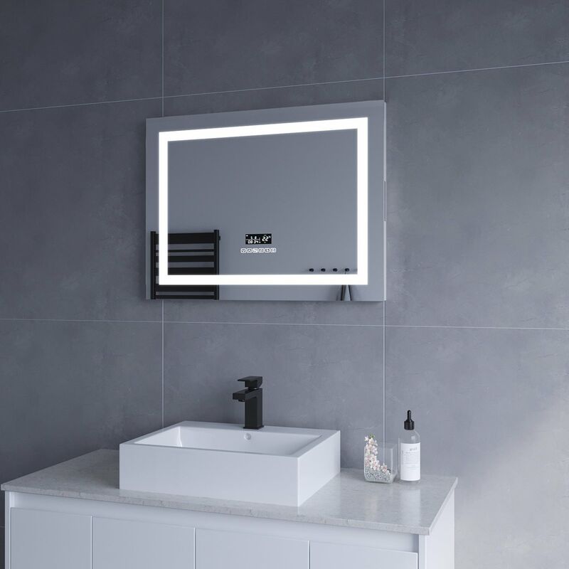 Badspiegel mit Bluetooth Lautsprecher und Uhr 80x60cm BRUSSELS Typ E Touch Sensor Dimmbar Digital Uhr Antibeschlag Kaltweiß 6400K Warmweiß 3000K