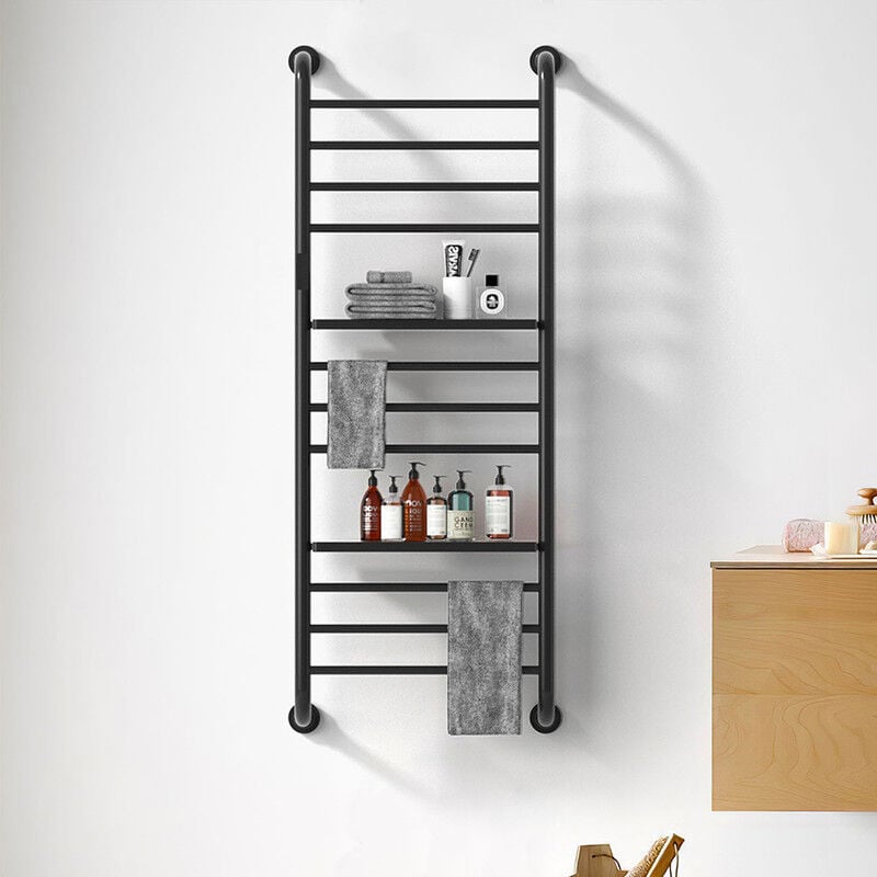 Esip - Badheizkörper Elektrisch Schwarz mit 2 Ablagen, 200W 1300500mm Handtuchheizkörper, Handtuchtrockner Elektrisch und Badezimmer Regal