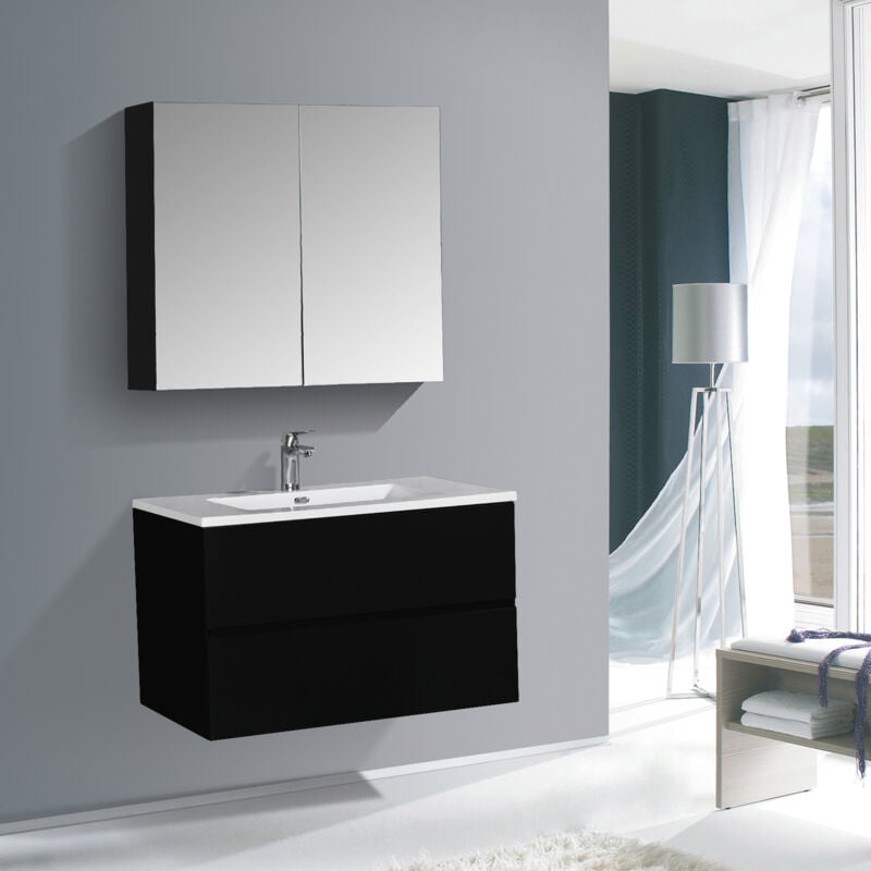 Badmöbel-Set Bernstein edge 750 mit Waschbecken Badmöbel Schwarz matt Waschbecken Weiß glänzend