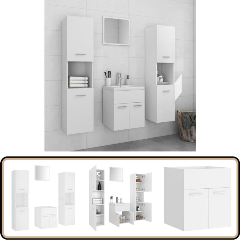 Badmöbel-Set Weiß Holzwerkstoff - Badmöbel Set - Badezimmermöbel - Holzwerkstoff - Weißes Badmöbel - Spiegelschrank