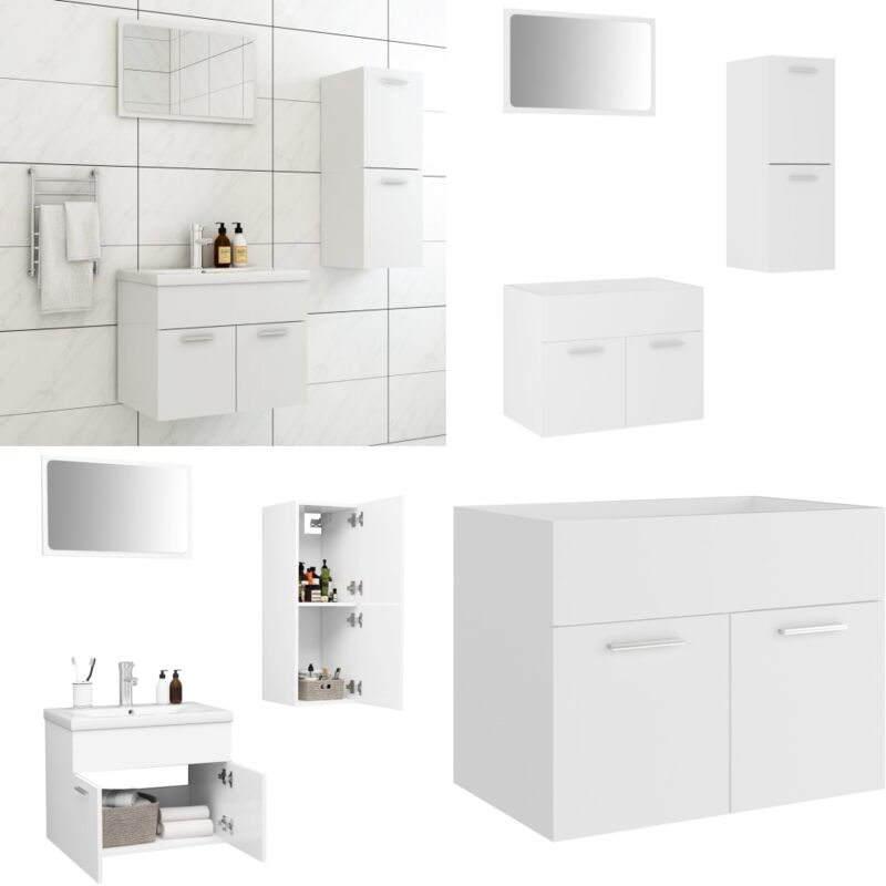 Badmöbel-Set Weiß Holzwerkstoff - Badmöbel Set - Badezimmerschränke - Spiegelschrank - Waschtischschrank - Weißes Badmöbel - Home & Living