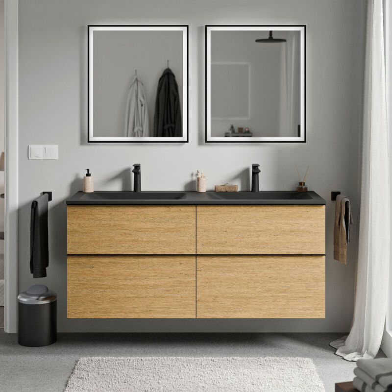 Badmöbel Unterschrank Bernstein LAVOA 140cm mit Mineralguss Waschbecken CREAM Badmöbel: Eiche Honiggold, Metallgriff: Chrom, Waschbecken: Schwarz