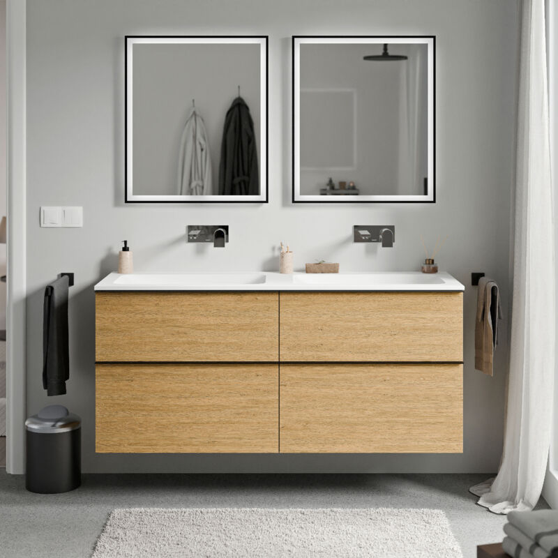 Badmöbel Unterschrank Bernstein lavoa 140cm mit Mineralguss Waschbecken cream Badmöbel: Eiche Honiggold, Metallgriff: Anthrazit matt, Waschbecken: