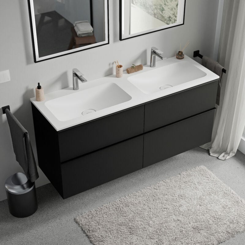 Badmöbel Unterschrank Bernstein lavoa 140cm mit Mineralguss Waschbecken cream Badmöbel: Schwarz matt, Metallgriff: Chrom, Waschbecken: Weiß matt mit