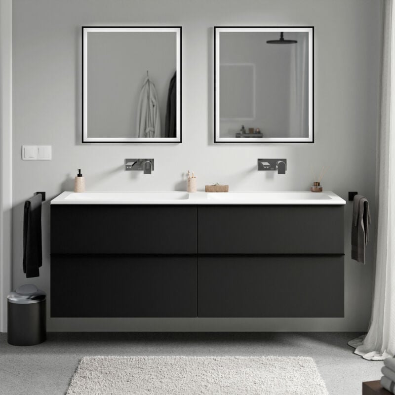 Badmöbel Unterschrank Bernstein lavoa 160cm mit Mineralguss Waschbecken cream Badmöbel: Schwarz matt, Metallgriff: Schwarz matt, Waschbecken: Weiß