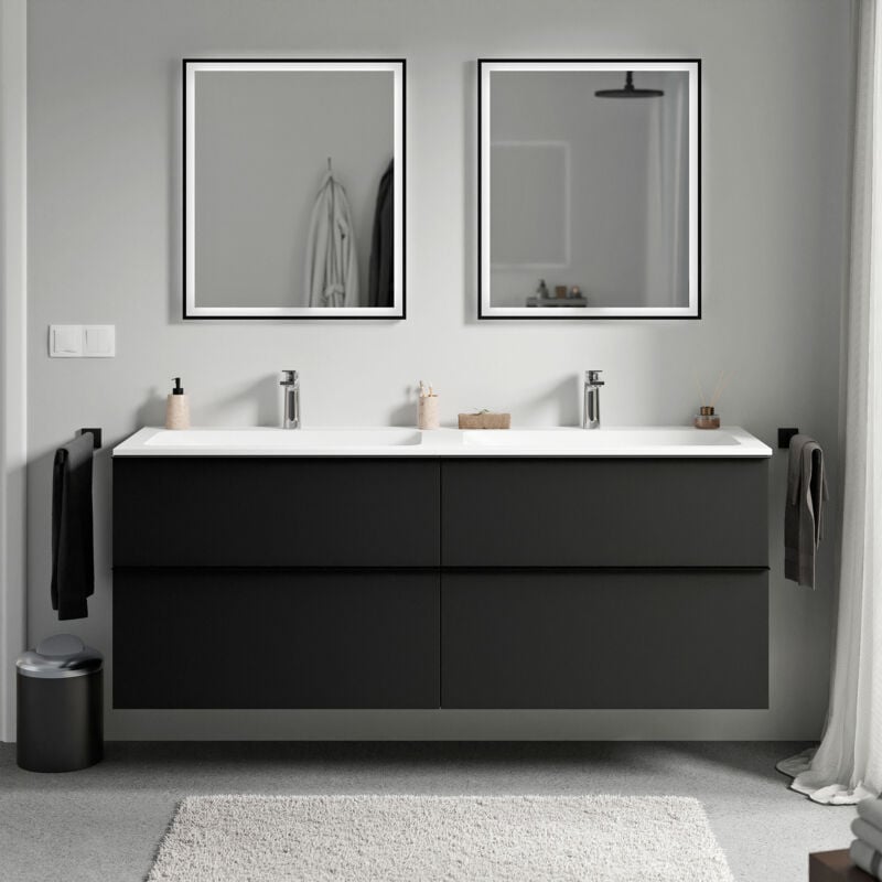 Badmöbel Unterschrank Bernstein LAVOA 160cm mit Mineralguss Waschbecken CREAM Badmöbel: Schwarz matt, Metallgriff: Schwarz matt, Waschbecken: Weiß