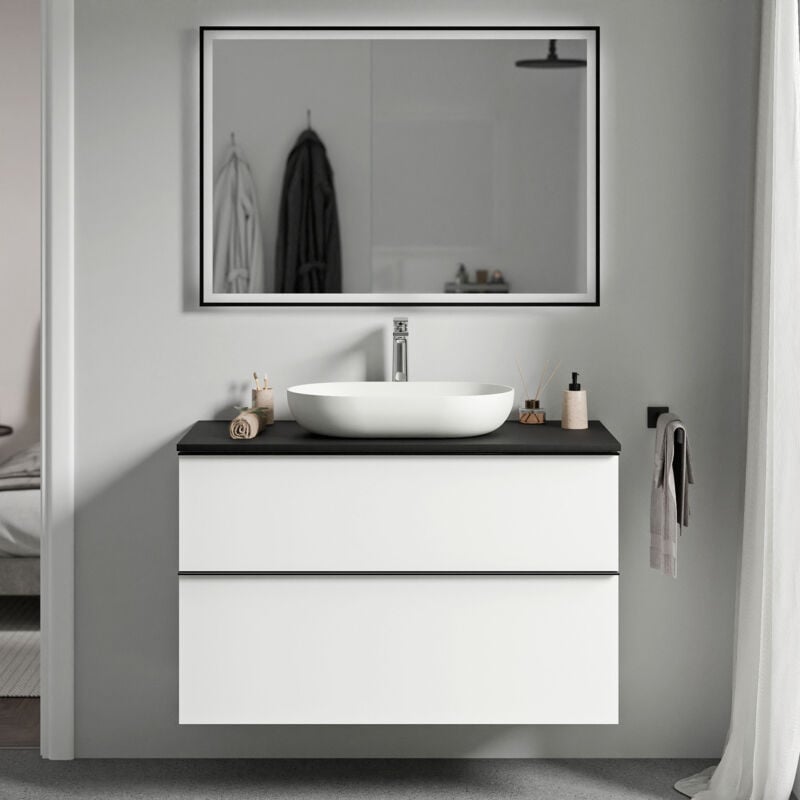 Badmöbel Unterschrank Bernstein LAVOA 80cm Badmöbel: Weiß matt, Waschtischplatte: Schwarz matt, Metallgriff: Anthrazit matt