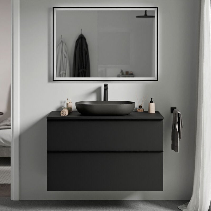 Badmöbel Unterschrank Bernstein lavoa 80cm Badmöbel: Schwarz matt, Waschtischplatte: Schwarz matt, Metallgriff: Schwarz matt