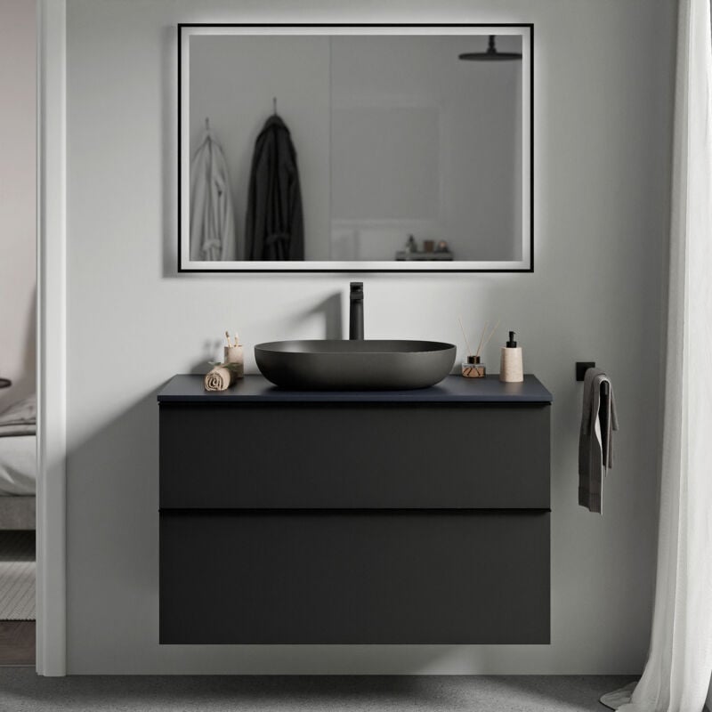 Badmöbel Unterschrank Bernstein LAVOA 80cm Badmöbel: Schwarz matt, Waschtischplatte: Mitternachtsblau matt, Metallgriff: Schwarz matt