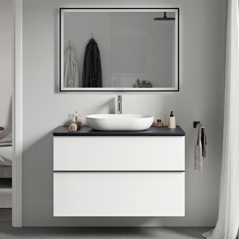 Badmöbel Unterschrank Bernstein LAVOA 80cm Badmöbel: Weiß matt, Waschtischplatte: Mitternachtsblau matt, Metallgriff: Schwarz matt