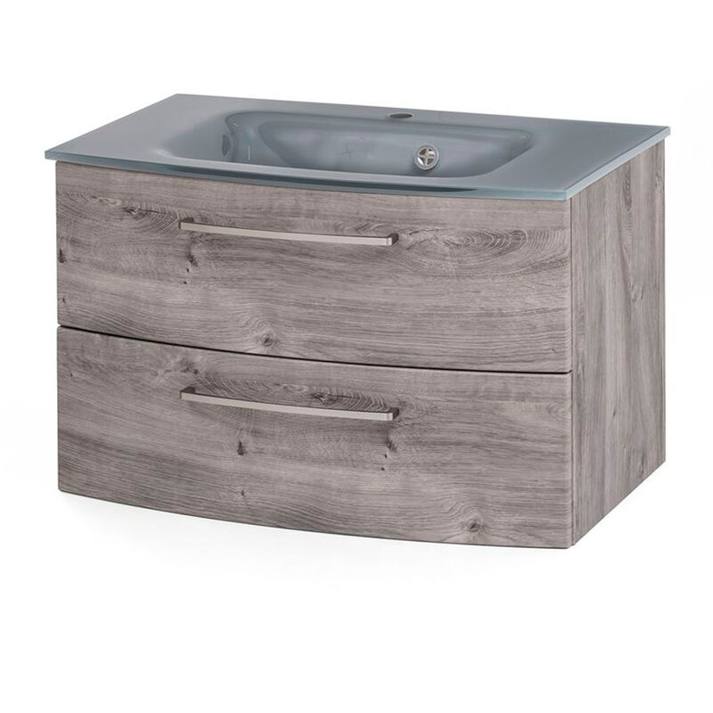 Badmöbel Waschtisch-Unterschrank TRONDHEIM-03 80cm inkl. Glas-Waschtisch in grau, Eiche Ribbeck, b/h/t: ca. 80/53/49cm