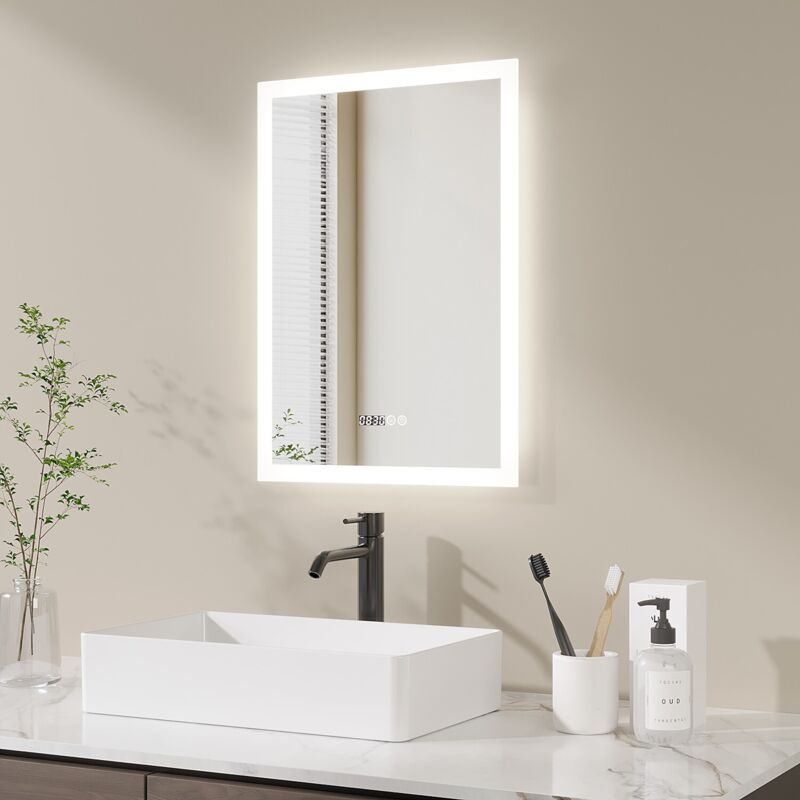 Badspiegel mit Beleuchtung 50 x 70 cm LED Spiegel mit Uhr Spiegel mit Beleuchtung Badezimmerspiegel mit Beleuchtung Wandspiegel mit 3 Lichtfarbe
