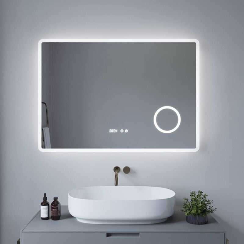 Badezimmerspiegel mit LED Beleuchtung und Uhr 100x70cm BORAS Typ D Kosmetikspiegel Digital Uhr Touch Sensor Dimmbar Antibeschlag Kaltweiß 6400K