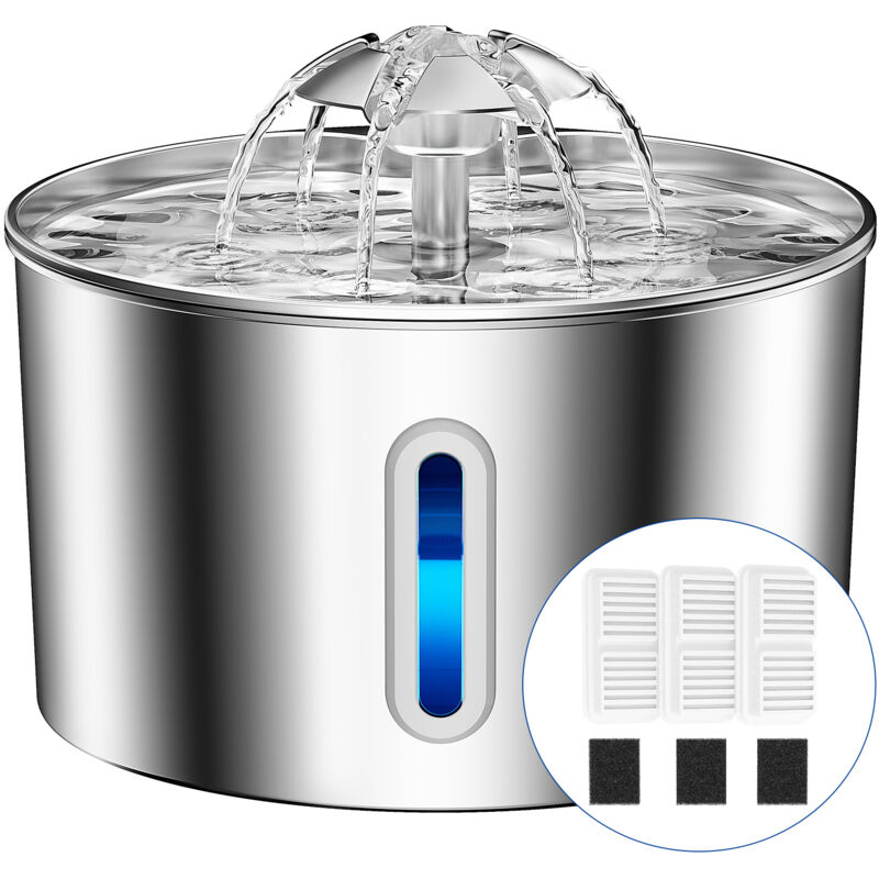 Balimo Katzenbrunnen Edelstahl, 2,2 L Superleise Trinkbrunnen für Katze mit Vierfaches Filtersystem & LED-Licht, mit 3 Aktivkohlefilter