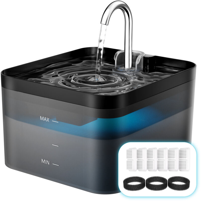 Balimo - 2,2 l Katzenbrunnen, Mehrfachfilterung, 2 Wasserdurchflussstufen, inklusive 6 Filtern + 3 Schwammnetzen, Schwarz