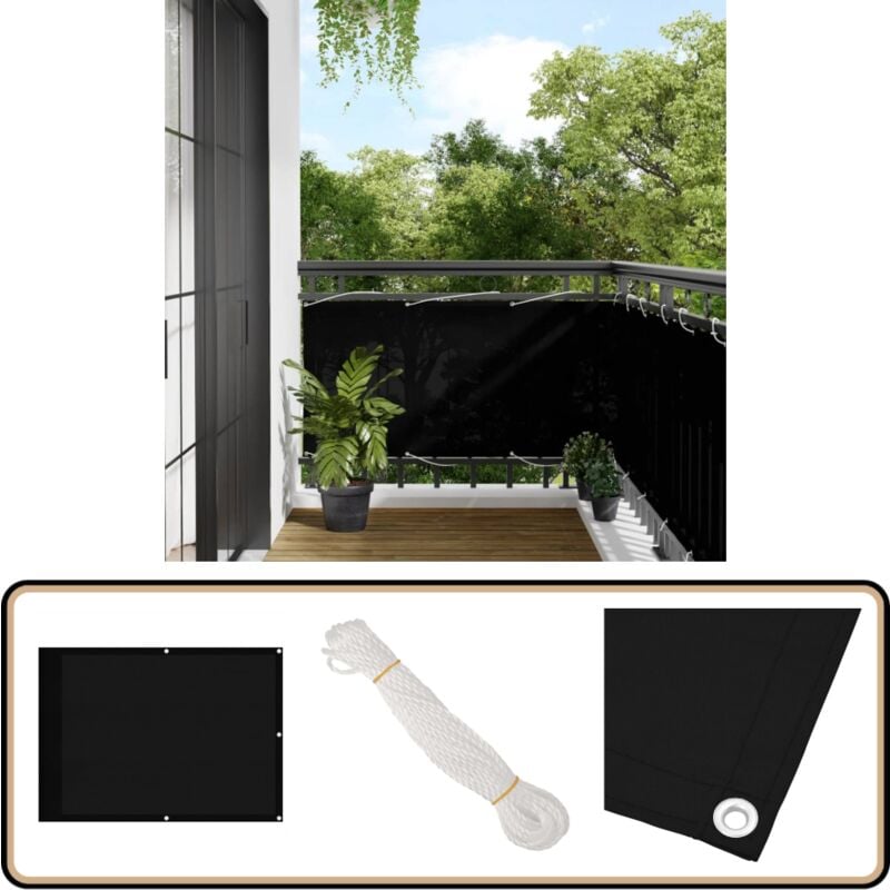 Balkon-Sichtschutz Schwarz 75x700 cm 100 % Polyester-Oxford - Balkonsichtschutz - Sonnenschutz Balkon - Sichtschutz Schwarz - Windschutz Balcony