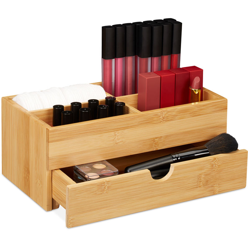 Bambus Kosmetik Organizer, multifunktional, 4 Fächer & Schublade, Schmuckkästchen, Ordnungsbox Büro, natur - Relaxdays