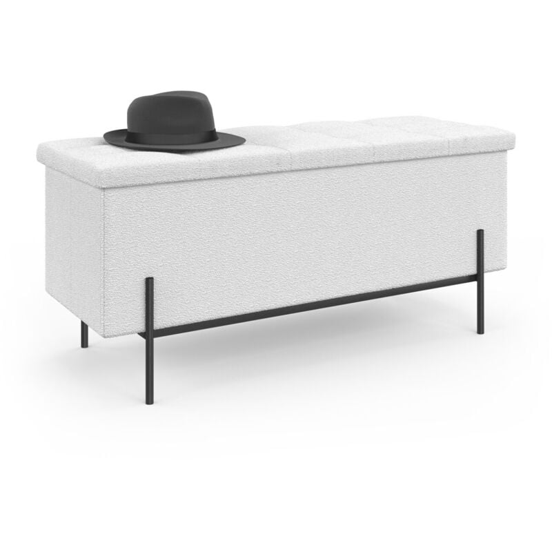Banc coffre rangement LOUIS pieds métal noir 100 cm tissu bouclette blanc