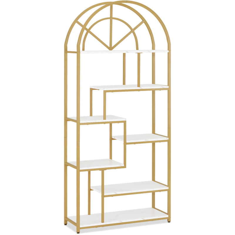 Bücherregal, Standregal mit 7 Ebenen, Büroregal mit Metallrahmen, Regal für Büro, Wohnzimmer, Schlafzimmer, Küche, Nagelstudio, Marmor-Weiß Gold,