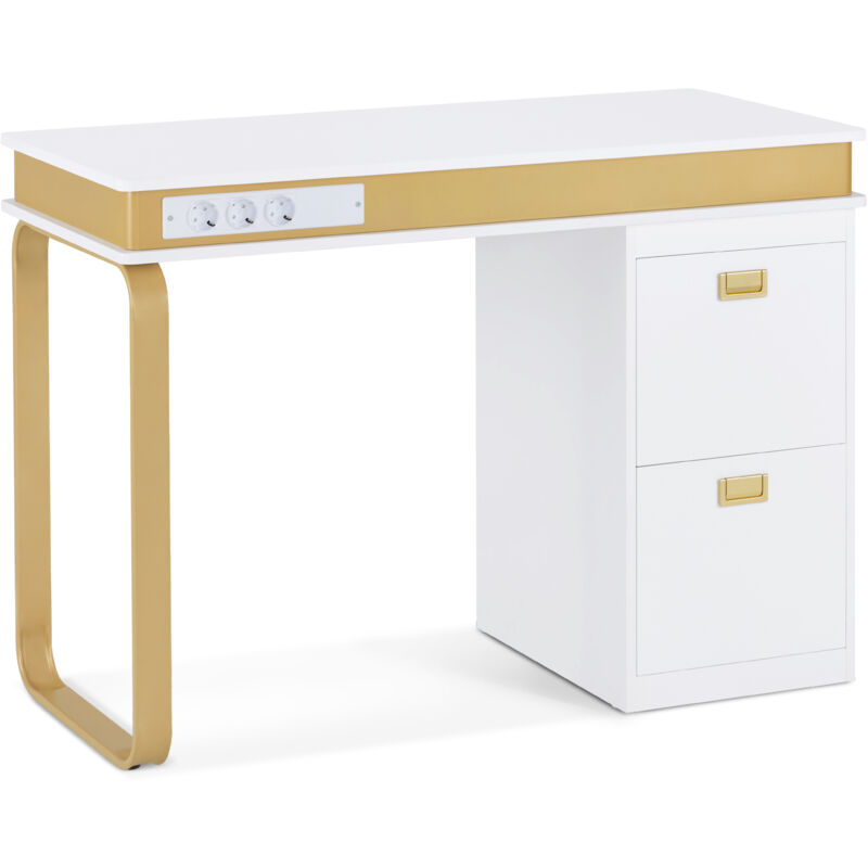 Schreibtisch mit Schubladen für Nagelstudio, Manikürtisch mit 3 Steckdosen, Schminktisch ohne Spiegel Weiß-Gold, Nageltisch aus Holz Metallgestell,