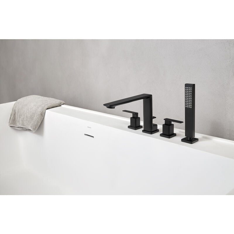 Bb cubo 4-Loch Wannenrandarmatur mit Zweigriff, Wanneneinlauf, Handbrause & Brauseschlauch, schwarz matt